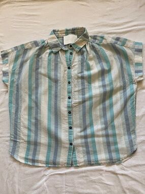 Lightweight Striped Button-Front Blouse - Light Blue